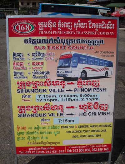 Bus Schedule to Phnom Penh, Kampot, and Koh Kong from Sihanoukville, Cambodia.