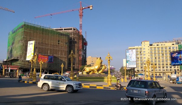 Golden Lions Circle in Sihanoukville, Cambodia.