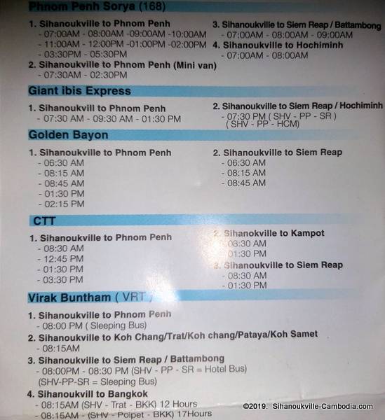 Bus Schedule to Phnom Penh, Kampot, and Koh Kong from Sihanoukville, Cambodia.