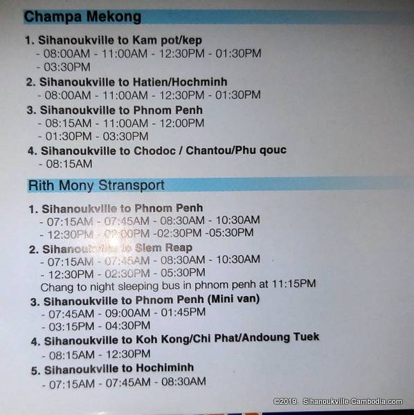 Bus Schedule to Phnom Penh, Kampot, and Koh Kong from Sihanoukville, Cambodia.