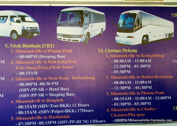 Bus Schedule to Phnom Penh, Kampot, and Koh Kong from Sihanoukville, Cambodia.