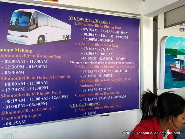 Bus Schedule to Phnom Penh, Kampot, and Koh Kong from Sihanoukville, Cambodia.